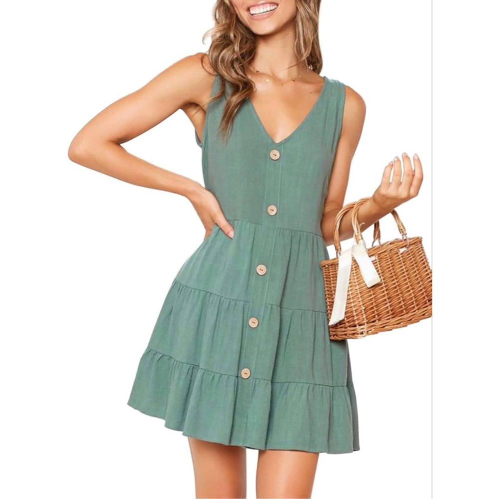 Mitilly Women's Green V-Neck Tiered Mini Sleeveless Dress M